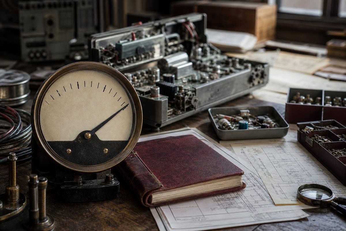 Un indicatore analogico di precisione segna il valore massimo su un banco di laboratorio; dietro, un dispositivo elettronico aperto, schemi tecnici e registri mostrano tutto ciò che il numero non può contenere.