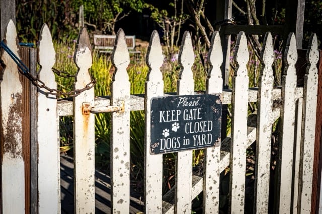 Un cancelletto di legno bianco, chiuso con una catena arrugginita, davanti a un giardino in fiore. Un cartello smaltato recita «Please keep gate closed, dogs in yard». Il muro del giardino protegge chi sta dentro, ma delimita prima di tutto la proprietà di chi lo ha eretto.