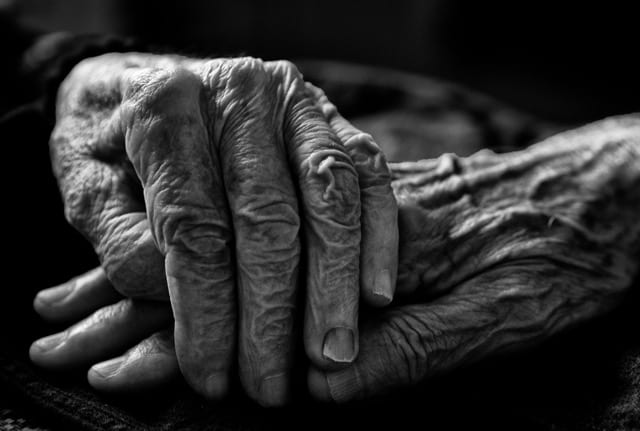 A black-and-white close-up of two elderly hands, marked by wrinkles, resting one on the other in low light. An image of human dignity that refuses to be reduced to calculation. The essay's thesis: the human is a stance, not a technical given.